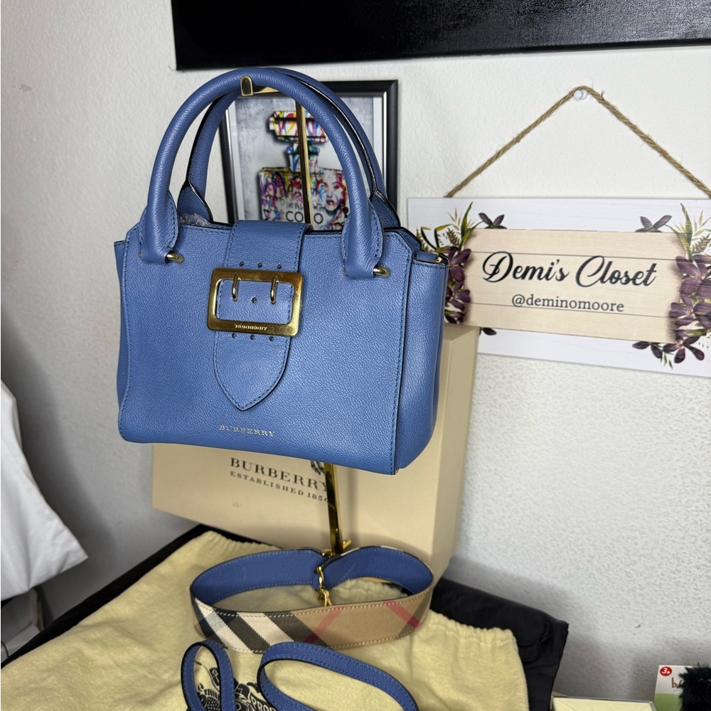 Burberry Soft Grain Calfskin Small Buckle Tote Steel Blue